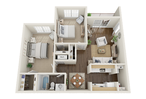 Village Square of Cabot 2 Bedroom 1 Bath 928 sq ft 3D Floor Plan